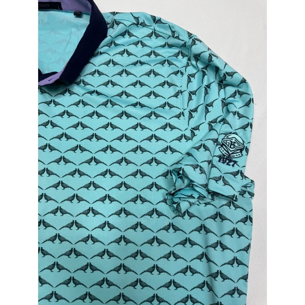 Greyson Clothiers Mens Large Turquoise Bird Print Golf Polo Shirt Navy Collar
